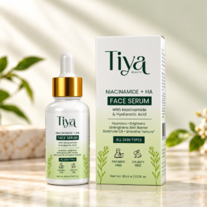 Home Tiya Beauty Niacinamide + HA Face Serum bottle with its carton