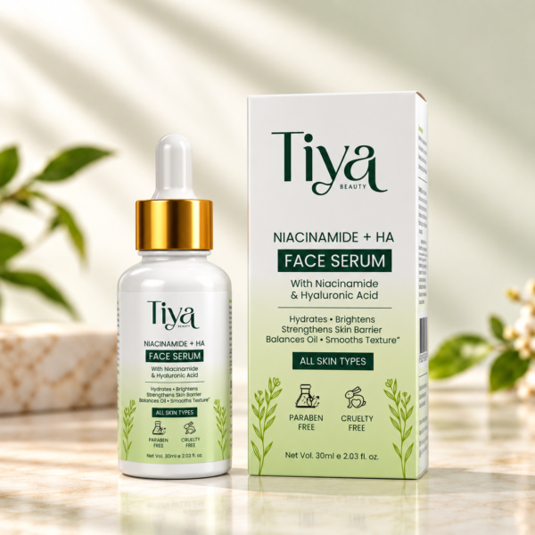 Tiya Beauty Niacinamide + HA Face Serum bottle with its carton