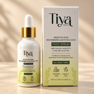 Tiya Beauty serum and carton from above in warm light